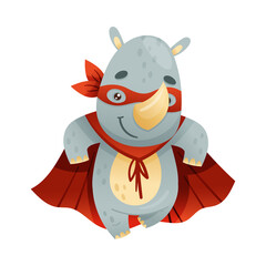 Horned Rhinoceros Animal Superhero Dressed in Mask and Red Cape or Cloak Vector Illustration