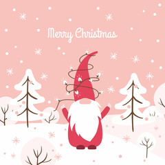 fairy gnome in a red hat on a winter landscape. winter poster