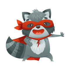 Raccoon Animal Superhero Dressed in Mask and Red Cape or Cloak Vector Illustration