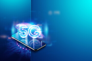 Smartphone glows 5G hologram, mobile technology, creative background. 5G network concept, high speed mobile internet, new generation networks. Mixed media. 3d render, 3d illustration.