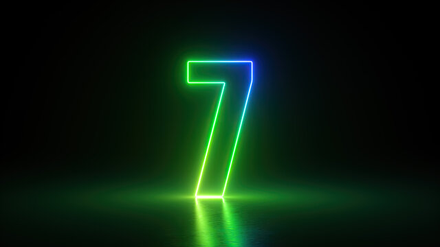 3d Render, Number Seven Glowing In The Dark With Green Blue Neon Light