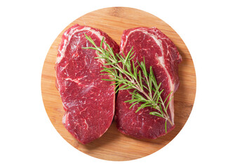 fresh meat with rosemary on wooden board isolated on white background,