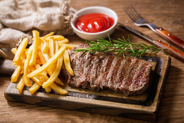  grilled meat with rosemary and french fries