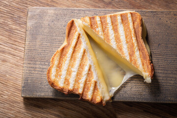 Grilled sandwiches with melted cheese, top view
