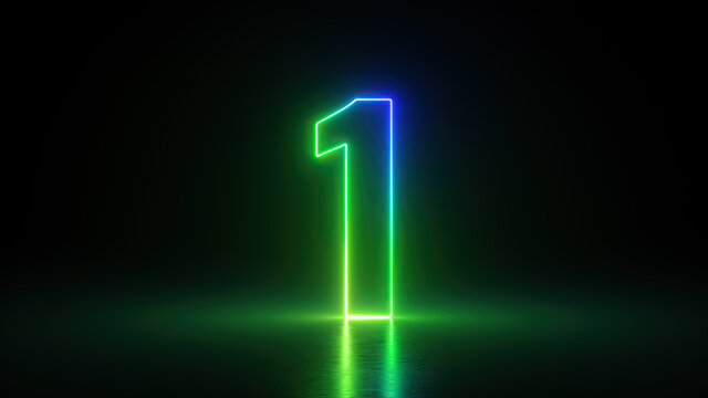 3d render, number one glowing in the dark with green blue neon light. The first place concept