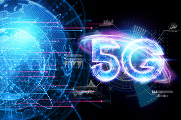 Hologram 5G creative mobile technology background. 5G network concept, high speed mobile internet, new generation networks. Mixed media. 3D render, 3D illustration.