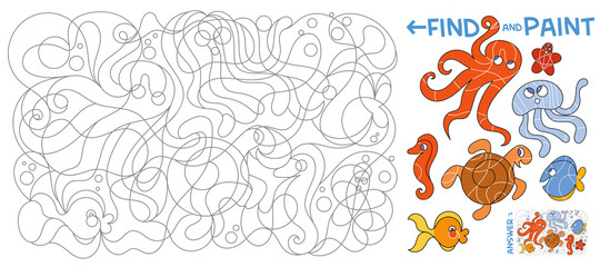 Find and paint. Children puzzle. Kids coloring book. Marine life. Underwater life. Find all marine animals in the picture. Find hidden objects. Puzzle Hidden Items. Vector illustration