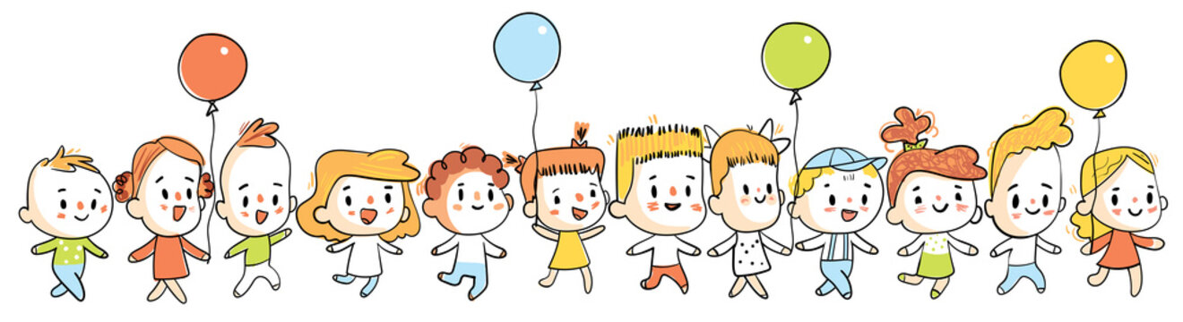 Children walk in a row and hold balloons in their hands. Illustration in the style of childish doodles. Funny cartoon character. Vector illustration. Isolated on white background. Seamless panorama
