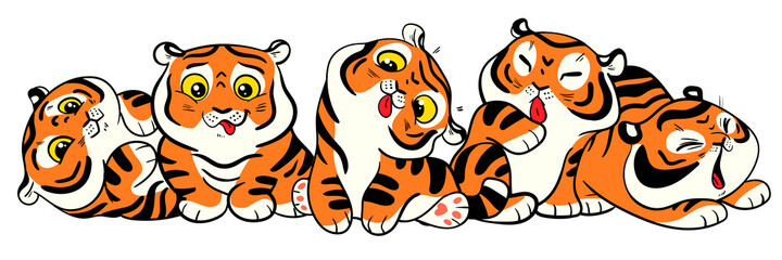 Group of little tiger cubs are sitting together. Symbol of the Chinese New Year. Colorful cartoon characters. Funny vector illustration. Isolated on white background