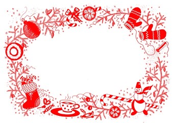 red hand drawn frame for greeting card for new year and christmas