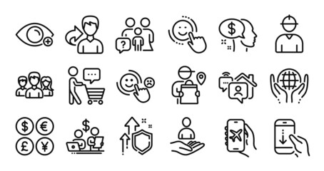 Buyer think, Organic tested and Work home line icons set. Secure shield and Money currency exchange. Share, Scroll down and Engineer icons. Teamwork, Farsightedness and Budget accounting signs. Vector