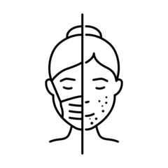 Maskne Facial Skin Irritation Line Icon. Lady with Mask Acne Face Trouble Linear Pictogram. Comedo, Pimple, Allergic Cause Wear Medical Mask Outline Icon. Editable Stroke. Vector Illustration