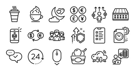 Business way, 24 hours and Mail line icons set. Secure shield and Money currency exchange. Ice cream, Flexible mattress and Checklist icons. Vector