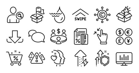 Messenger, Copywriting network and Swipe up line icons set. Secure shield and Money currency exchange. Megaphone box, Touchscreen gesture and Loan percent icons. Vector