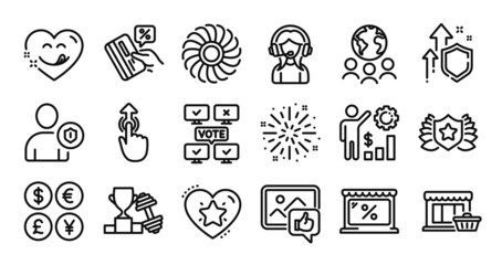 Credit card, Global business and Ranking star line icons set. Secure shield and Money currency exchange. Employees wealth, Fireworks explosion and Like photo icons. Vector