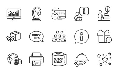 Business icons set. Included icon as Stars, Add gift, Print image signs. Quickstart guide, Marketing strategy, Packing boxes symbols. Budget, Statistics, Restaurant food. Online quiz. Vector