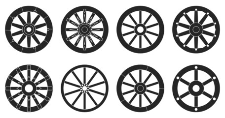 Wooden wheel black vector set illustration of icon.Wheel wagon vector set of icon.black collection wooden cartwhee wagon on white background. - obrazy, fototapety, plakaty