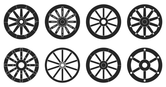 Wooden wheel black vector set illustration of icon.Wheel wagon vector set of icon.black collection wooden cartwhee wagon on white background.