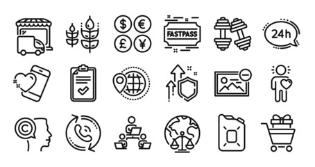 Friend, Gluten free and Checklist line icons set. Secure shield and Money currency exchange. Delivery truck, Magistrates court and Call center icons. Vector