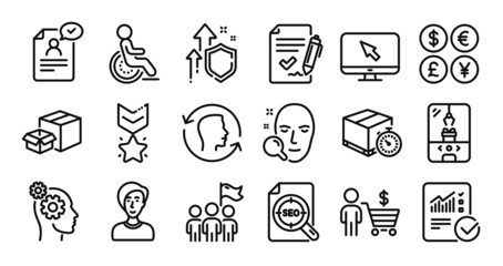 Businesswoman person, Resume document and Crane claw machine line icons set. Secure shield and Money currency exchange. Packing boxes, Internet and Approved agreement icons. Vector