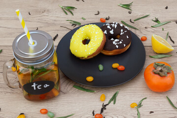 tea, persimmon and donats