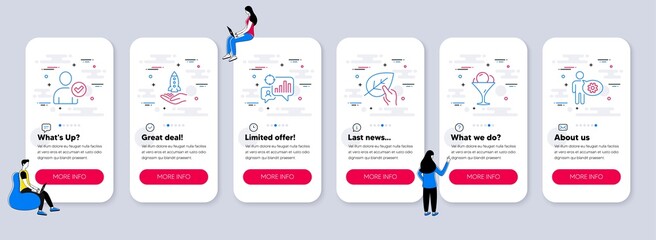 Set of line icons, such as Ice cream, Organic tested, Identity confirmed icons. UI phone app screens with teamwork. Crowdfunding, Seo statistics, Cogwheel line symbols. Vector