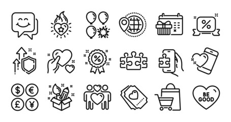 Fototapeta premium Love couple, Christmas calendar and World travel line icons set. Secure shield and Money currency exchange. Smile face, Heart flame and Puzzle icons. Vector