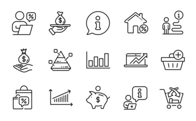 Finance icons set. Included icon as Income money, Cross sell, Loan house signs. Chart, Pyramid chart, Sale bags symbols. Piggy bank, Online discounts, Loan. Report diagram, Add purchase. Vector