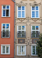 Fototapeta na wymiar Gdansk, Poland. The facades of the restored Gdańsk patrician houses in the Long Market