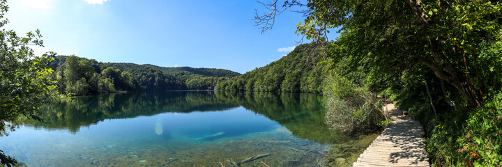 Plitvice Lakes National Park in Croatia. boardwalk at the lake in summer