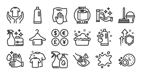Clean t-shirt, Dishwasher timer and Clean bubbles line icons set. Secure shield and Money currency exchange. Dont touch, Cleanser spray and Cleaning liquids icons. Vector
