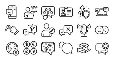 Edit user, Like and Drag drop line icons set. Secure shield and Money currency exchange. Lightning bolt, Reject and Employees messenger icons. Hold box, Global business and Microphone signs. Vector