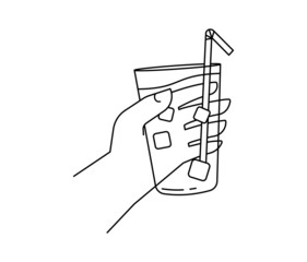 Female hand, holding a glass of clean water. Simple linear illustration for healthy lifestyle. Drink more water. Glass of cold water and fresh lemons.