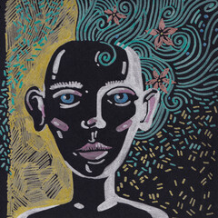 Decorative drawing of a person's face on a black background