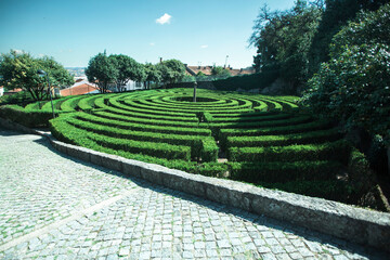 View of maze by hedges in public park of Sao Roque in Porto, Portugal.