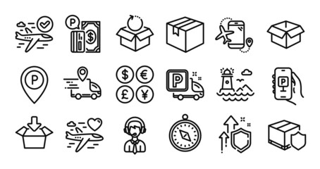 Fototapeta premium Parking, Parking app and Lighthouse line icons set. Secure shield and Money currency exchange. Delivery insurance, Confirmed flight and Return package icons. Vector