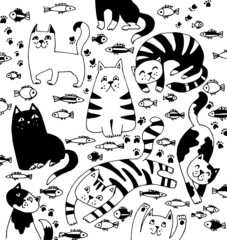 Black and white illustration with cats