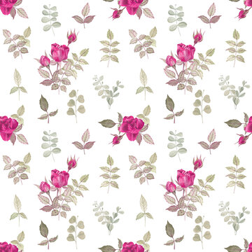 Floral seamless pattern with purple roses painted in watercolor, on white background. Elegant botanical illustration; for wrapping paper, wallpapers, fabric. Perfect for farmhouse style. © FlowersForBear