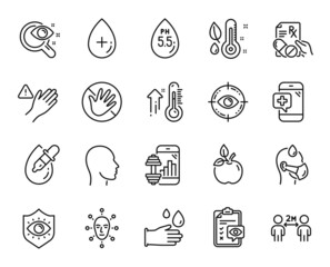 Vector set of Rubber gloves, Eco food and Do not touch line icons set. High thermometer, Eye drops and Prescription drugs icons. Fitness app, Dont touch and Thermometer signs. Vector