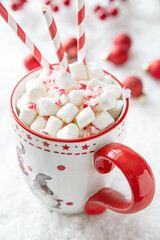 Mug filled with hot chocolate and marshmallows