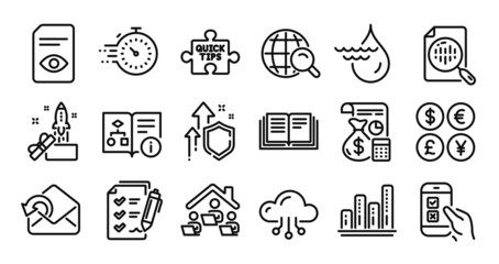 Hydroelectricity, Work home and Education line icons set. Secure shield and Money currency exchange. Send mail, Quick tips and Cloud computing icons. Vector