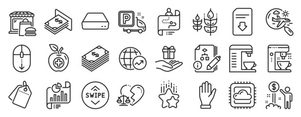 Set of Business icons, such as Dollar, Coffee maker, Algorithm icons. Loyalty program, Truck parking, Report document signs. Swipe up, Income money, World statistics. Atm money, Mini pc. Vector