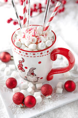 Cup of hot chocolate with marshmallows,  selective focus with shallow depth of field