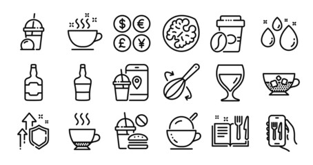 Takeaway coffee, Recipe book and Coffee cup line icons set. Secure shield and Money currency exchange. Wine glass, Fast food and Scotch bottle icons. Food app, Walnut and Water drop signs. Vector