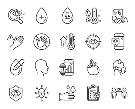 Vector Set Of Rubber Gloves, Eco Food And Do Not Touch Line Icons Set. High Thermometer, Eye Drops And Prescription Drugs Icons. Fitness App, Dont Touch And Thermometer Signs. Vector