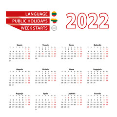 Calendar 2022 in Lithuanian language with public holidays the country of Lithuania in year 2022.