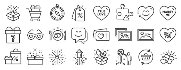 Set of Holidays icons, such as True love, Fireworks, Present box icons. Only you, Discount tags, Love tickets signs. Shopping trolley, Smile chat, Gift. Smile face, Photo, Travel compass. Vector