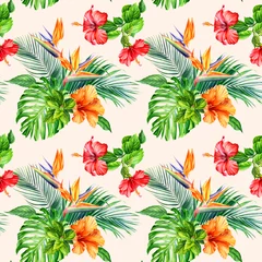 Fototapeten Tropical flowers, palm leaves. Exotic plants seamless pattern, watercolor botanical painting, digital paper © Hanna