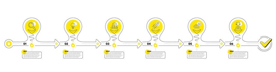 Business Infographic timeline with 6 steps. Lightbulb journey path infographics. Workflow process diagram with Research idea, Team work, Growth chart and Winner cup target line icons. Vector