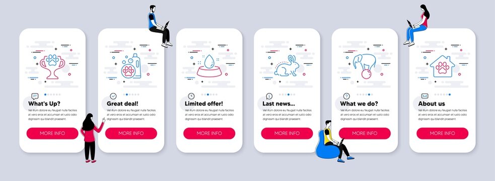 Vector Set of Animals icons related to Elephant on ball, Winner cup and Water bowl icons. UI phone app screens with teamwork. Animal tested, Pet shampoo and Pet shelter line symbols. Vector